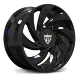 Full gloss black directional forged wheels with aero center cover for Tesla Model Y.