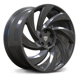 Dark gunmetal gray directional forged turbine wheels for 2026 Tesla Model Y refresh.