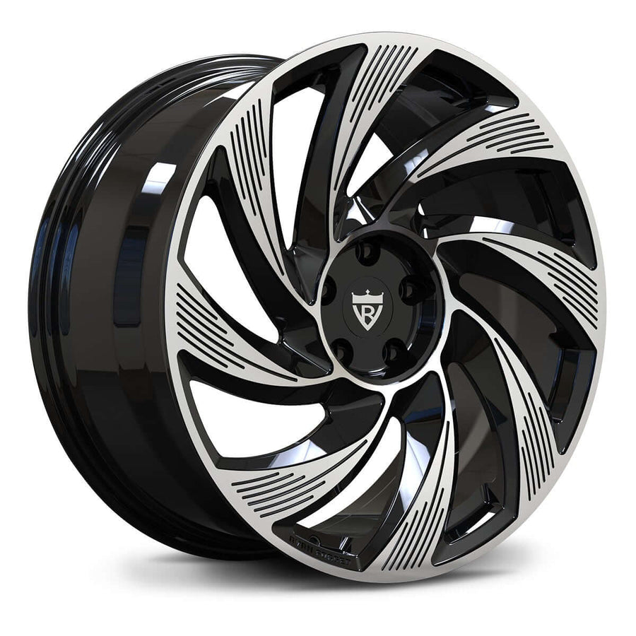 Gloss black forged wheel with CNC-machined accent lines for Tesla Model Y Juniper.