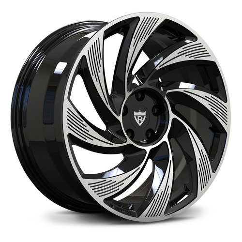 Gloss black directional forged wheel with CNC-machined accent lines for Tesla Model Y Juniper.