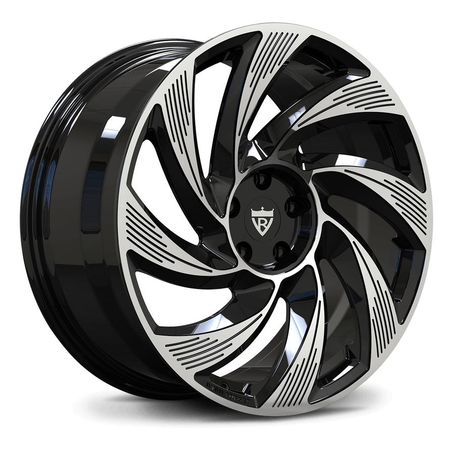 Gloss black directional forged wheel with CNC-machined accent lines for Tesla Model Y Juniper.