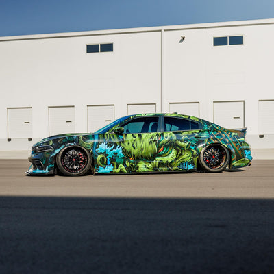 RV-T081 2-piece forged wheels on Charger Scatpack Widebody, polished lip, deep dish profile