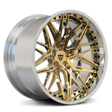 RV-T081 custom 2-piece forged wheel in Polish Frozen Gold, bespoke luxury fitment for Aston Martin DB12.