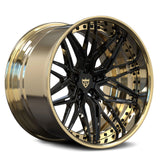 Custom 2-tone RV-T081 forged wheel with Polish Frozen Gold and Black details, aggressive aesthetic for DB12.