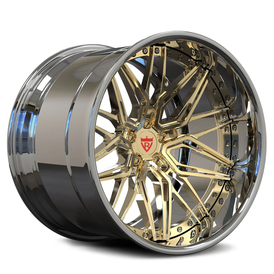 Mirror Chrome and Polish Gold RV-T081 2-piece forged rim, high-impact design for custom luxury automotive projects.