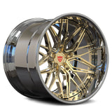 Mirror Chrome and Polish Gold RV-T081 2-piece forged rim, high-impact design for custom luxury automotive projects.