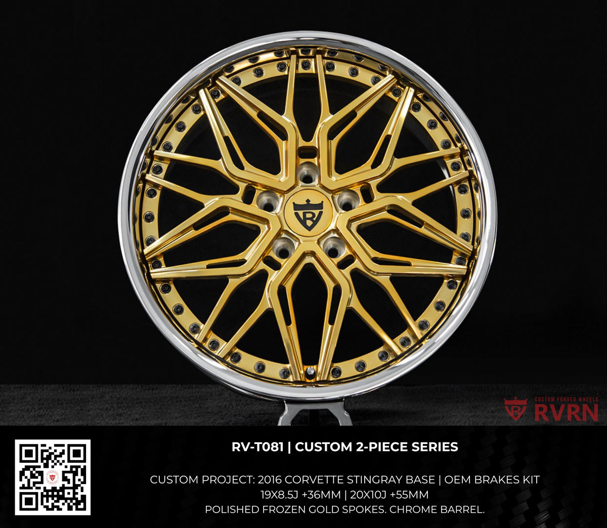 RV-T081 Custom Forged 2-Piece Polished Frozen Gold spokes Chrome barrel wheel