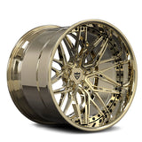 High-luster full Polish Frozen Gold RV-T081 forged wheel, a signature performance upgrade for Aston Martin platforms.