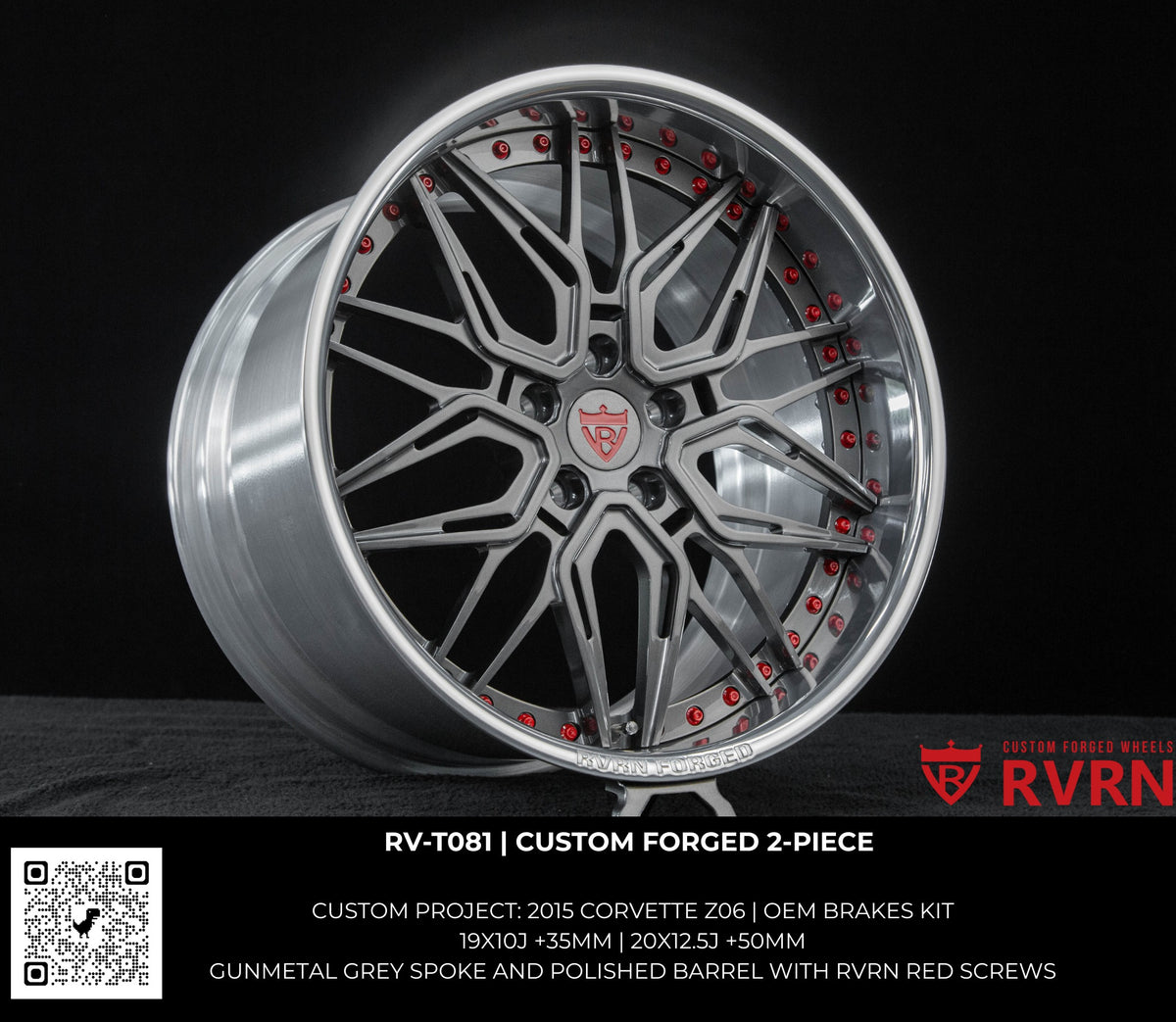 Close-up of RV-T081 two-piece forged wheel showcasing gunmetal grey finish and red accent hardware