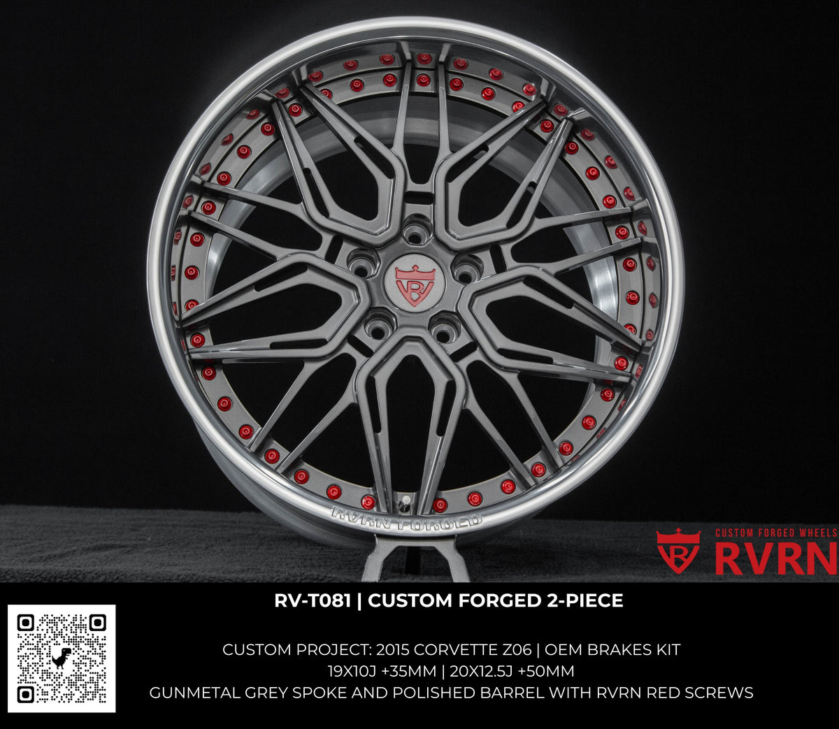 RV-T081 Custom Forged 2-Piece wheel in gunmetal grey spoke with polished barrel and RVRN red screws