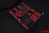 Back graphic of the black RVRN T-shirt featuring forged wheel illustrations and red Forged Obsessed lettering.