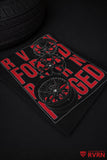 Vertical view of the RVRN T-shirt back graphic with three forged wheel illustrations.