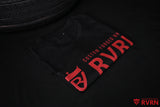 Black RVRN T-shirt with red Custom Forged Wheels logo displayed beside performance tires.
