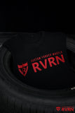 Black RVRN T-shirt with bold red Custom Forged Wheels logo arranged inside performance tires.