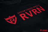 Close-up of the red RVRN Custom Forged Wheels logo printed on a black T-shirt.