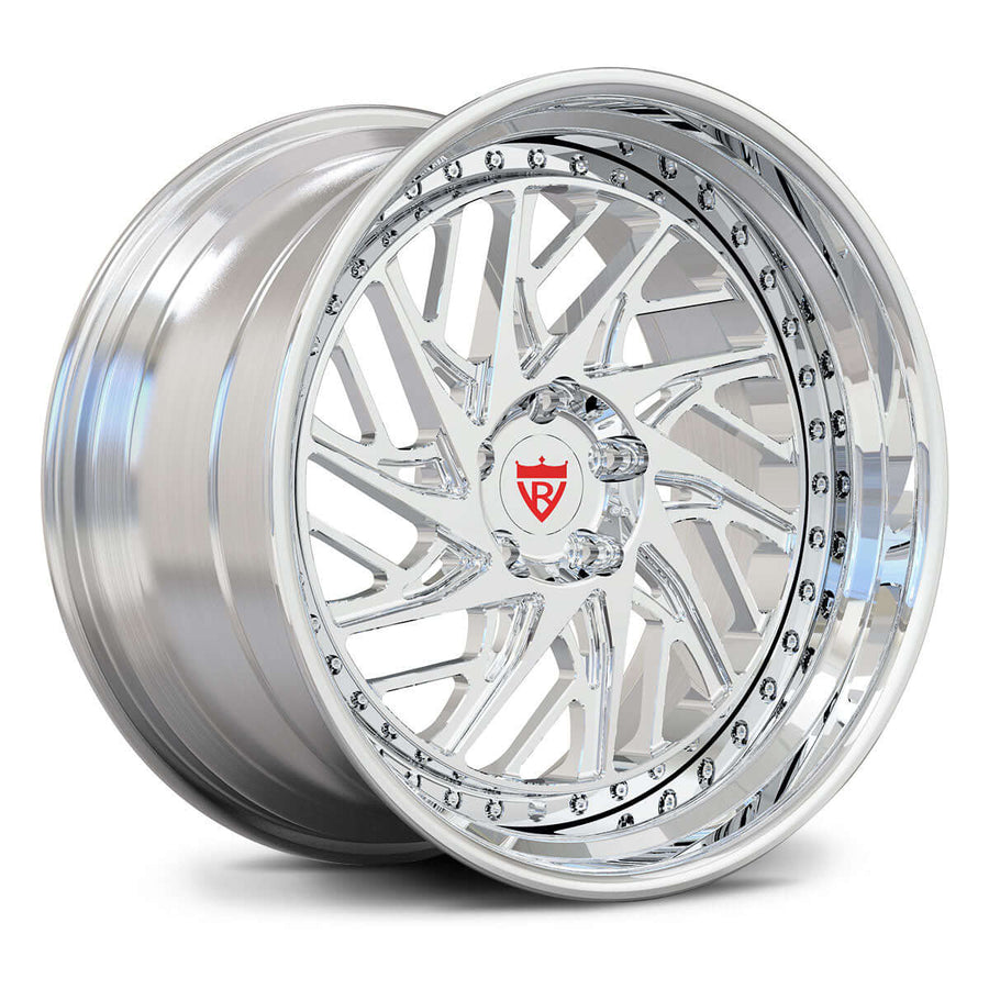 Camaro ZL1 aftermarket wheels, RVRN RV-C13 full polished face and barrel deep-dish turbine mesh 2-piece angled view.