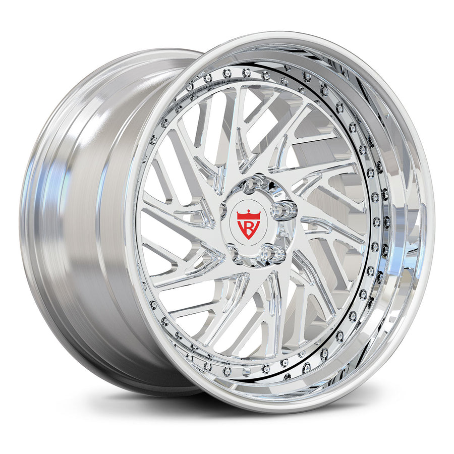 Corvette C8 Z06 custom wheels, RVRN RV-C13 full polished face and barrel deep-dish turbine mesh 2-piece angled view.