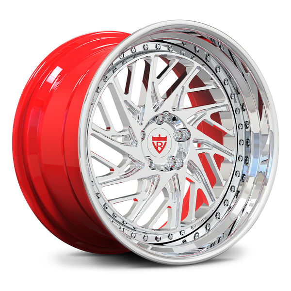 Corvette C8 Stingray custom forged wheels, RVRN RV-C13 polished face with gloss red barrel deep lip custom 2-piece transparent background view.