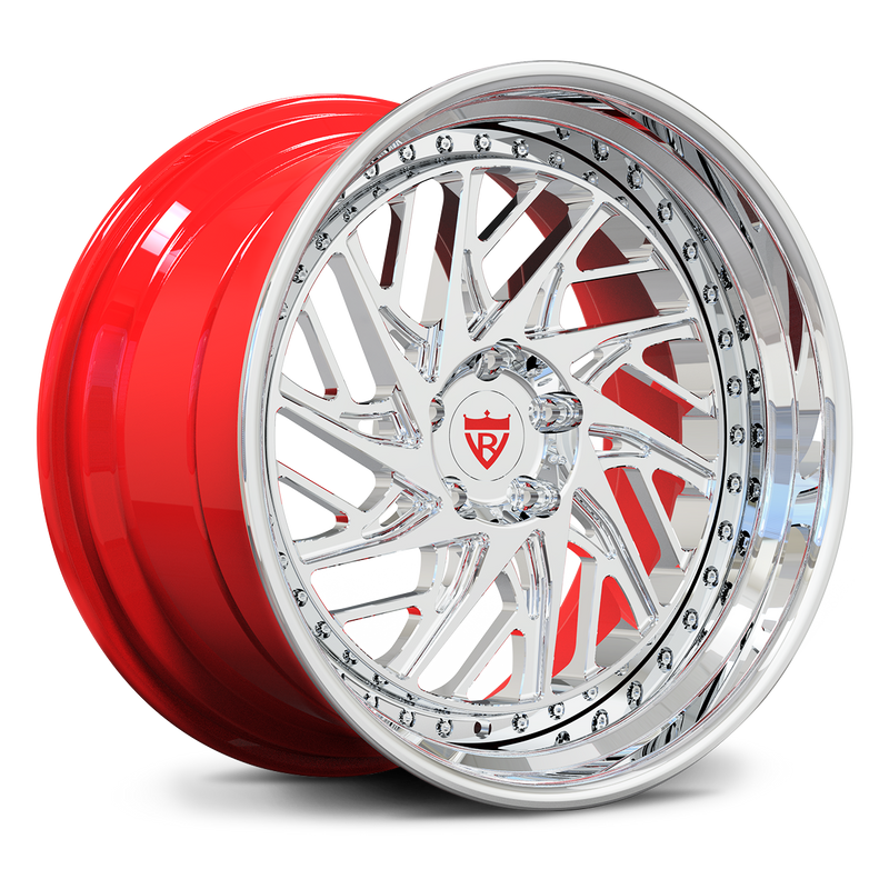 Corvette C8 Stingray custom forged wheels, RVRN RV-C13 polished face with gloss red barrel deep lip custom 2-piece transparent background view.