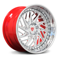 Corvette C8 Stingray custom forged wheels, RVRN RV-C13 polished face with gloss red barrel deep lip custom 2-piece transparent background view.