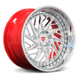Corvette C8 Stingray custom forged wheels, RVRN RV-C13 polished face with gloss red barrel deep lip custom 2-piece transparent background view.