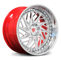 Custom forged 2-piece wheels, RVRN RV-C13 polished face with gloss red barrel deep-dish directional turbine mesh angled view.