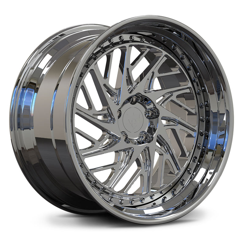 Dodge Challenger Hellcat Widebody custom wheels, RVRN RV-C13 full chrome face and barrel deep lip turbine mesh 2-piece angled view.