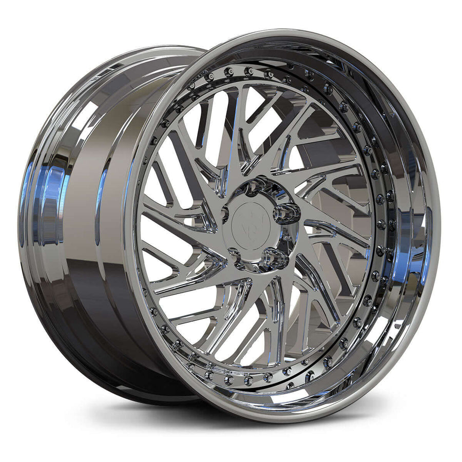 Dodge Challenger Hellcat Widebody custom wheels, RVRN RV-C13 full chrome face and barrel deep lip turbine mesh 2-piece angled view.