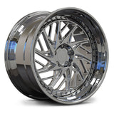 Dodge Challenger Hellcat Widebody custom wheels, RVRN RV-C13 full chrome face and barrel deep lip turbine mesh 2-piece angled view.