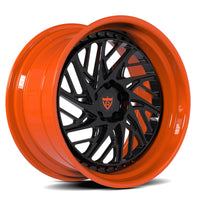 Shelby GT500 custom wheels, RVRN RV-C13 gloss orange face with gloss black barrel deep-dish directional turbine mesh angled view.