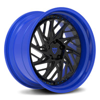Toyota GR Supra custom wheels, RVRN RV-C13 brushed gold face with full chrome barrel directional turbine mesh deep lip angled view.