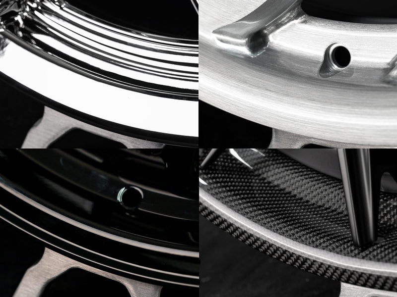 Custom finish options for RVRN forged wheels including brushed, polished, gloss, carbon fiber and matte surface treatments