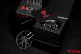 Black RVRN Custom Forged Wheels 3D-printed wheel model with presentation packaging.