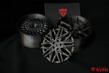 Three black RVRN Custom Forged Wheels 3D-printed wheel models in different designs.