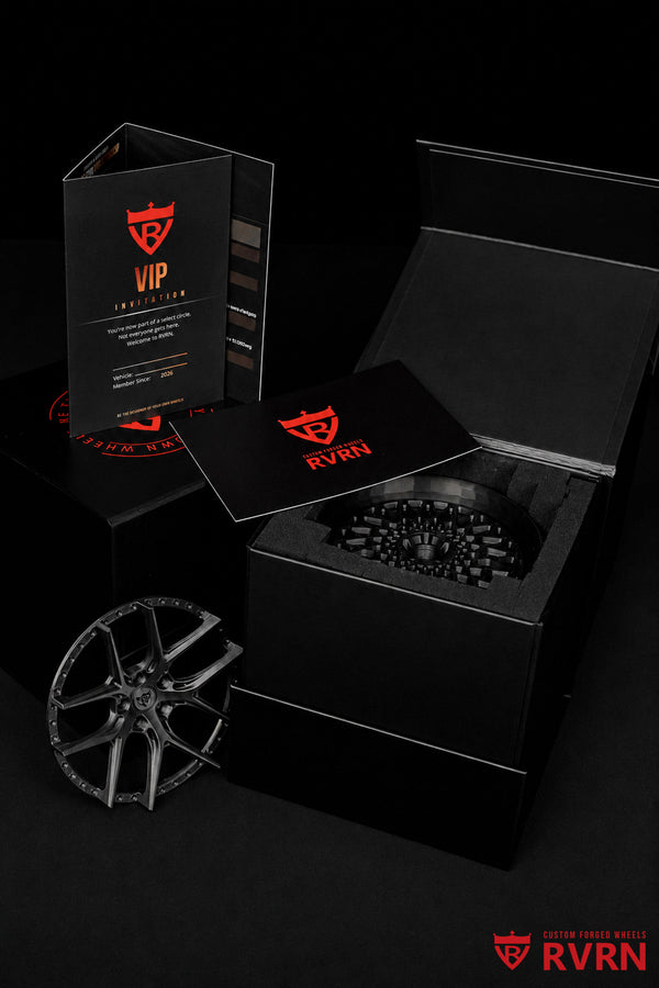 RVRN Custom Forged Wheels 3D-printed wheel models arranged with premium presentation packaging.