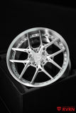 Close front view of a silver RVRN Custom Forged Wheels 3D-printed wheel model.