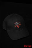 Angled portrait view of the black RVRN Custom Forged Wheels baseball cap with curved brim and front artwork.