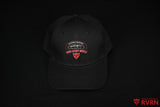 Front view of the black RVRN Custom Forged Wheels baseball cap with red and white RVRN Luxury Wheels artwork.