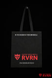 Reverse of the black RVRN Custom Forged Wheels canvas tote bag with red wordmark and white brand slogans.