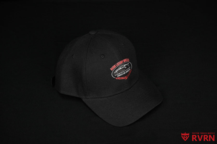 Black RVRN Custom Forged Wheels Corvette baseball cap with curved brim and Corvette-focused front artwork.
