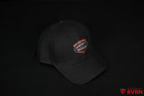 Front three-quarter view of the black RVRN Custom Forged Wheels Corvette baseball cap and red white branded graphic.