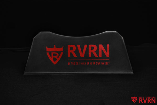Front view of the black RVRN Custom Forged Wheels display plaque featuring the red RVRN logo and Be the Designer of Your Own Wheels slogan.