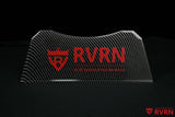 Front view of the RVRN Custom Forged Wheels display plaque with carbon-fiber-pattern finish, red logo, and brand slogan.