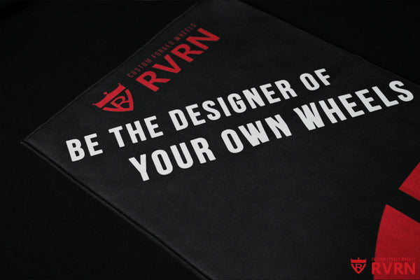 Black RVRN Custom Forged Wheels microfiber detailing towel with red and white branding.