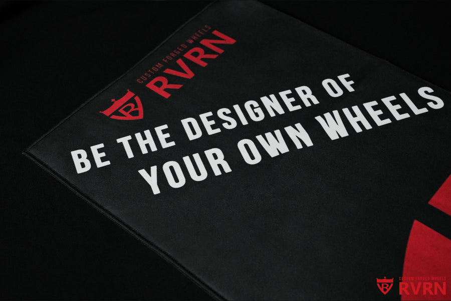 Black RVRN Custom Forged Wheels microfiber detailing towel with red and white branding.