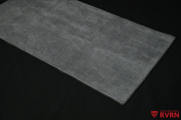 Gray microfiber reverse side of the RVRN Custom Forged Wheels detailing towel.