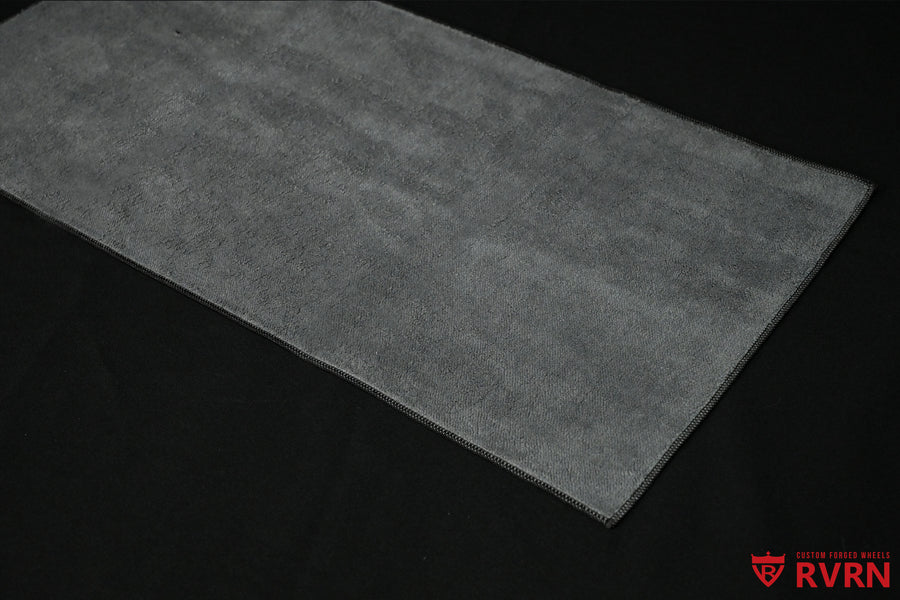 Gray microfiber reverse side of the RVRN Custom Forged Wheels detailing towel.