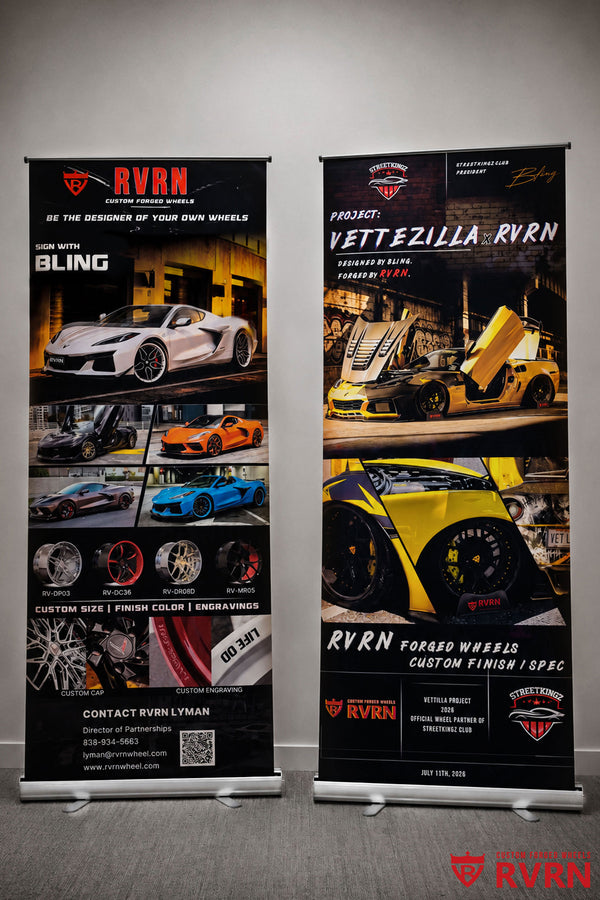 Two RVRN Custom Forged Wheels retractable pull-up banners displayed for a car show and automotive event.
