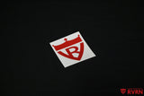 Red RVRN Custom Forged Wheels crown shield sticker shown on a black background.