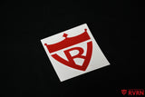 Close view of the red RVRN Custom Forged Wheels crown shield sticker.